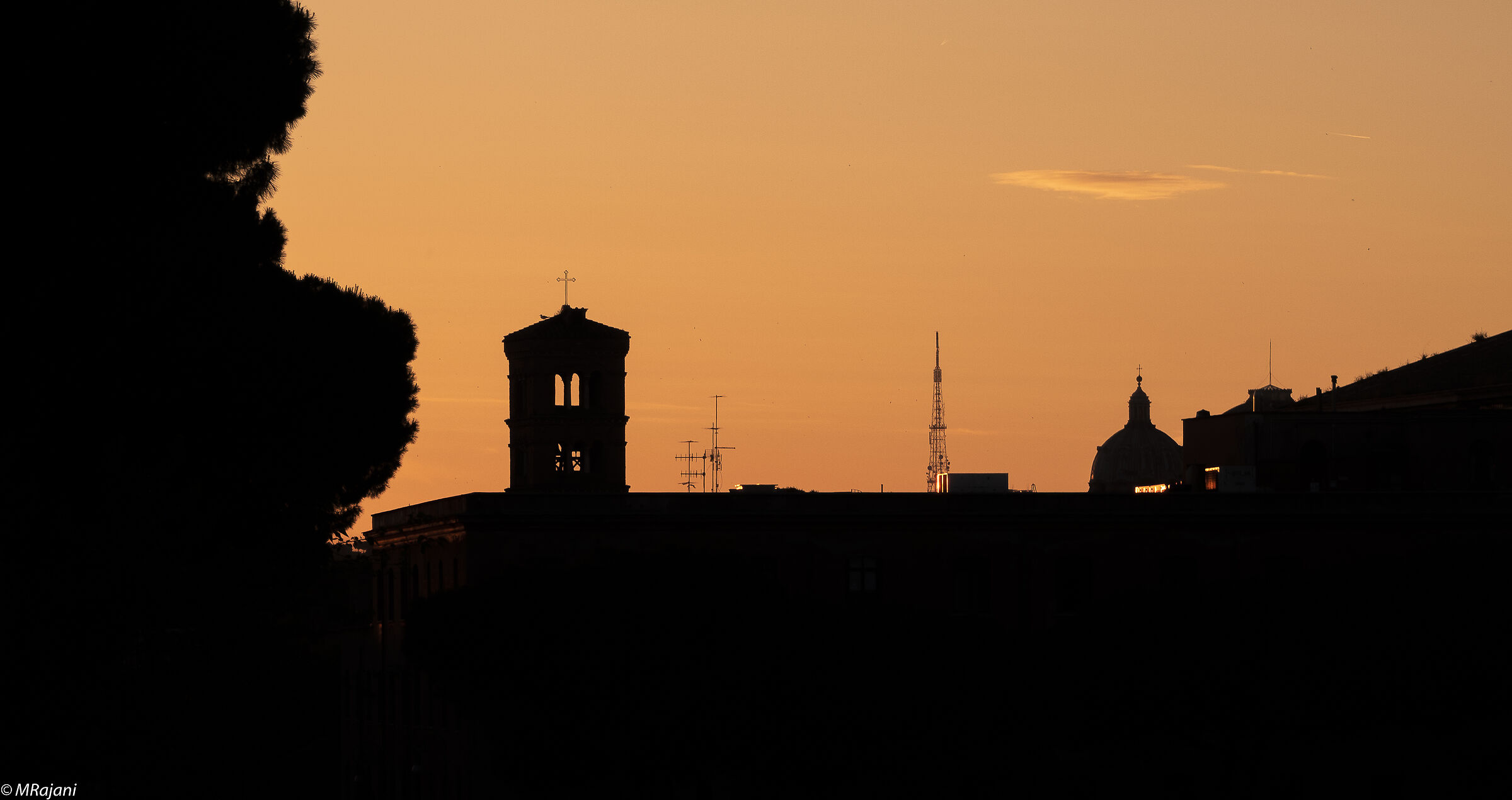 Profile at sunset of the bell tower of S Maria in Cosmedi...