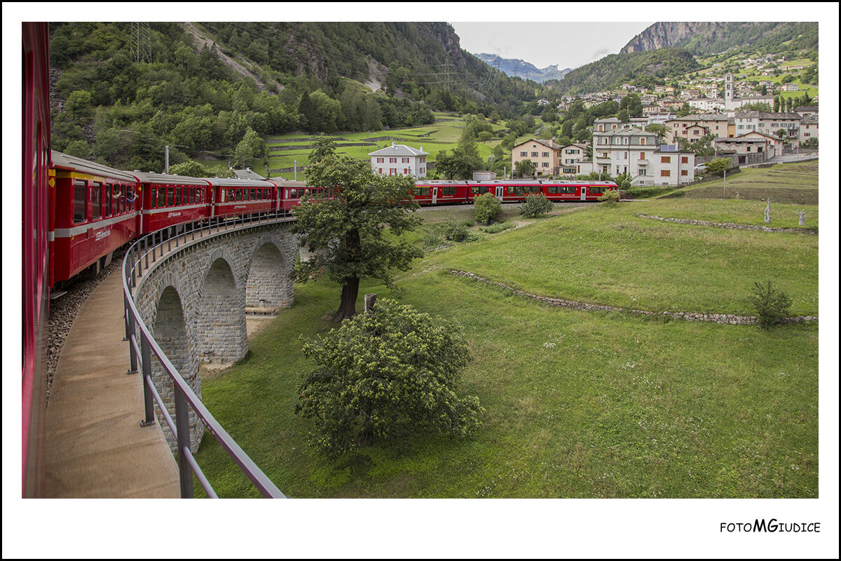 Bernina's red train on the Brusio Viaduct...
