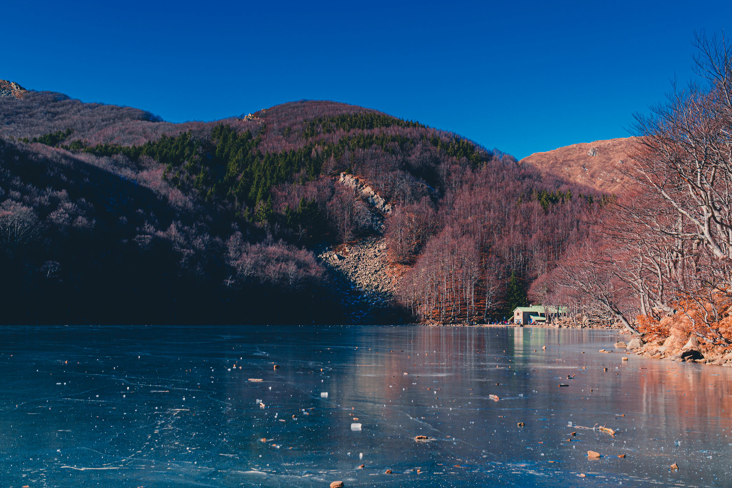 Lake Santo Frozen - view of the Mariotti Sanctuary...