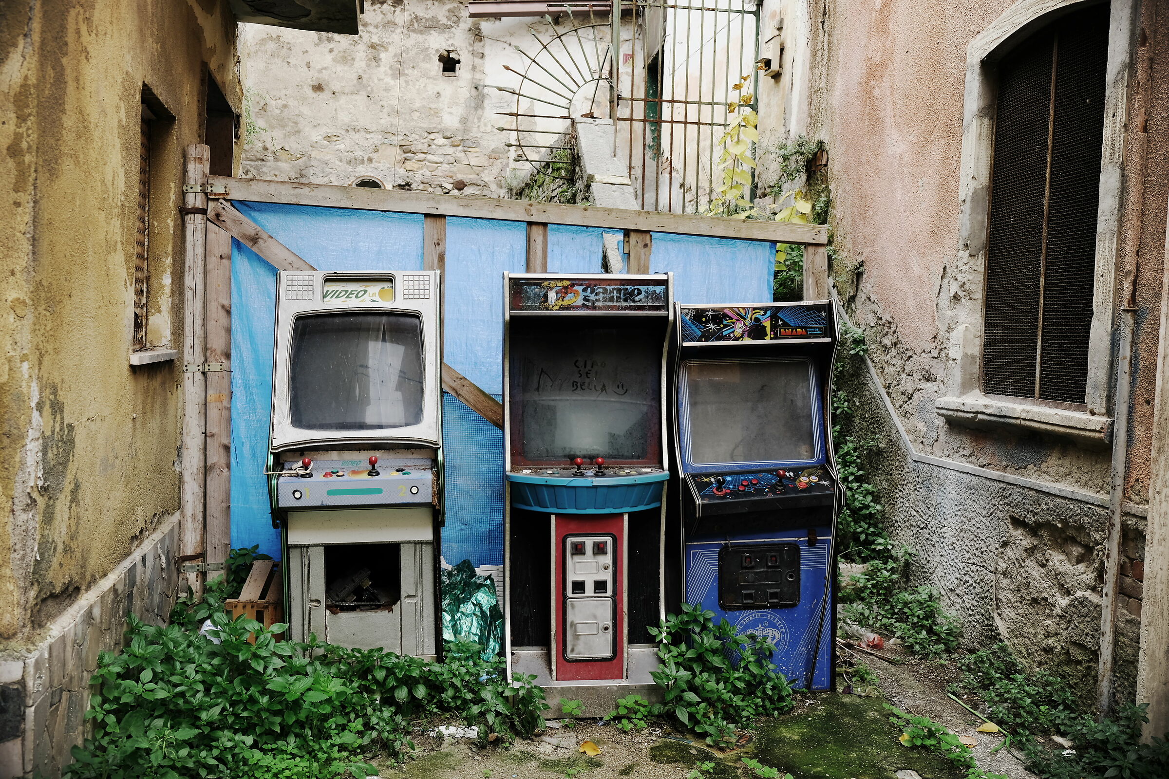 Old video games rest in the city...