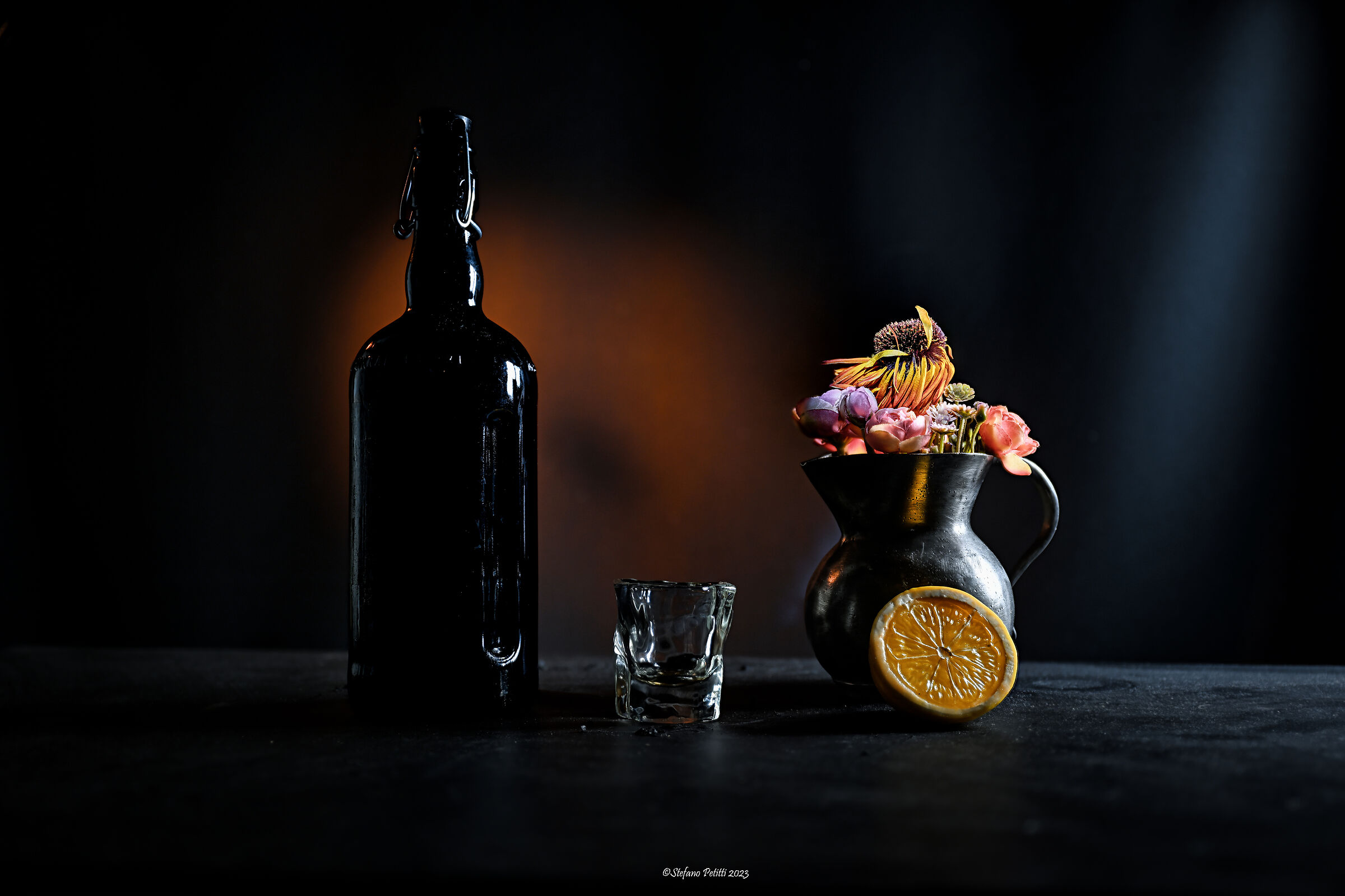 Bottle, glass & flower...