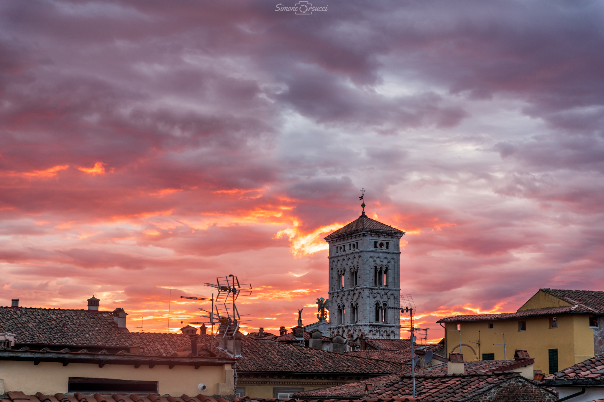 Sunset over the bell tower of St. Michael...