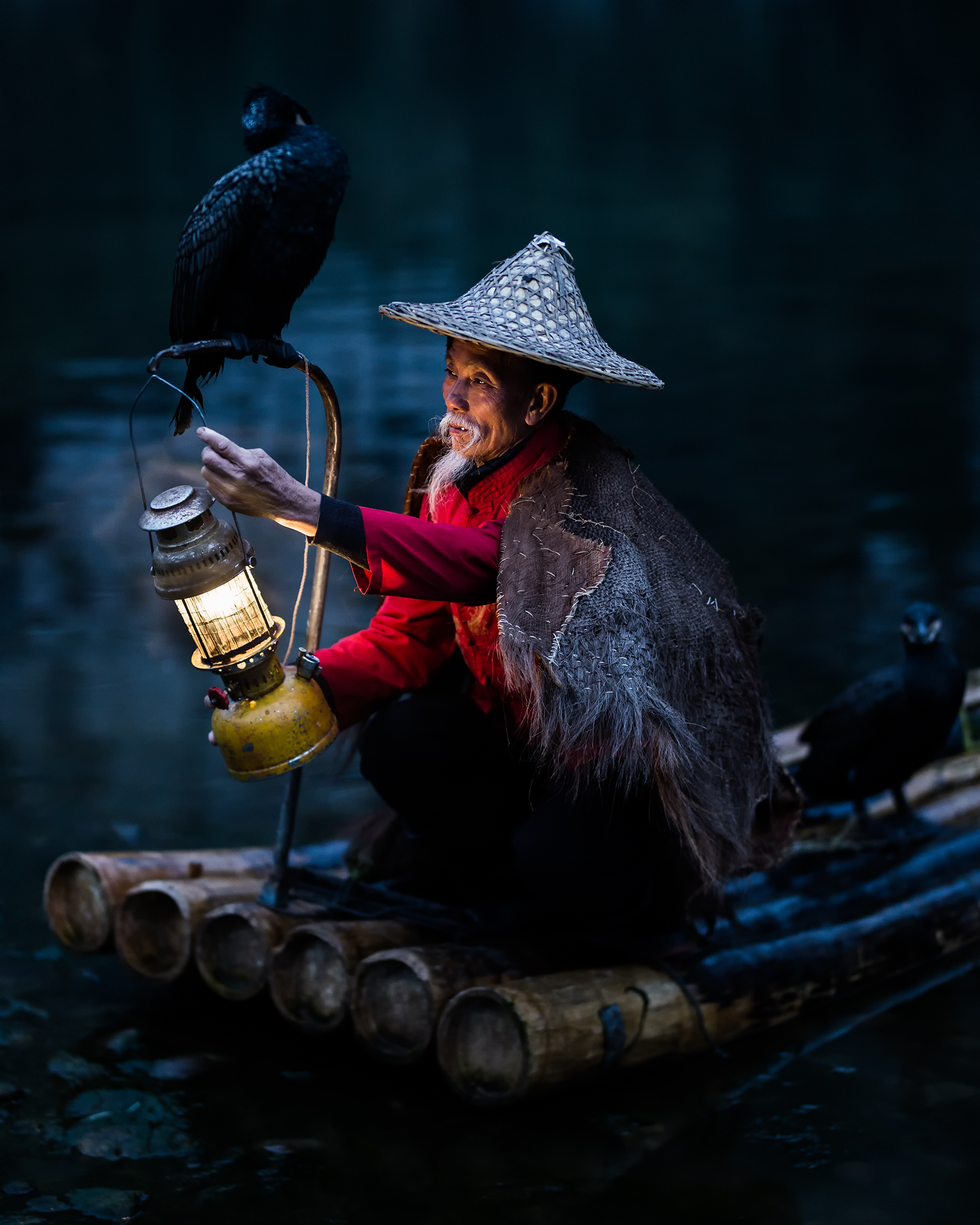 Portrait of fisherman with cormorants....